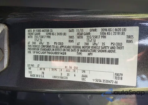 2016 Ford Escape S из США, поврежденный, VIN 1FMCU0F76GUB51428